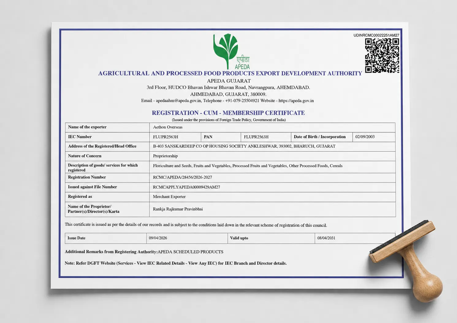 APEDA Certificate — Aethon Overseas