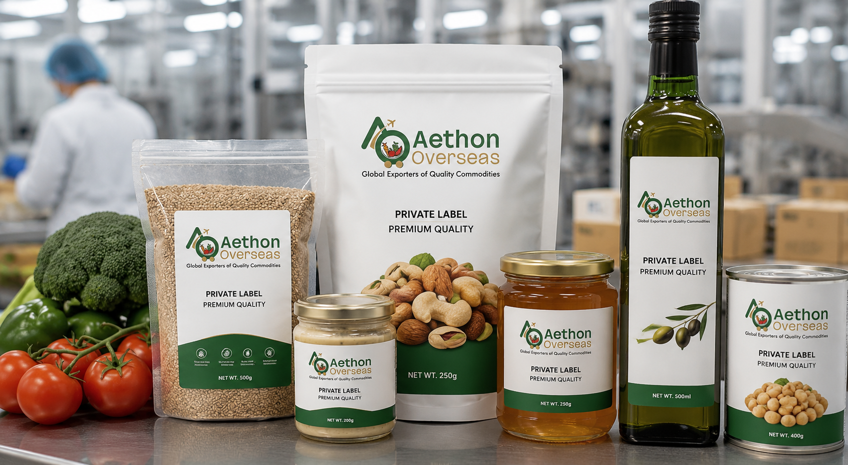 Aethon Overseas private label — custom-packaged Indian spices, dry fruits and teas under your brand